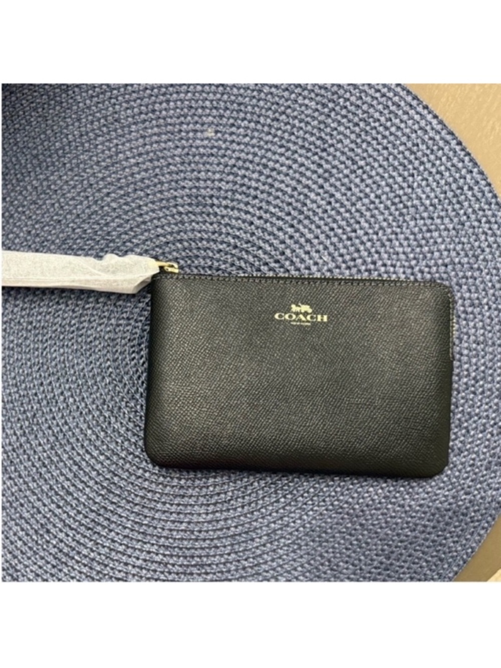 Coach Black Leather Zip Wristlet Pouch with Gold Logo